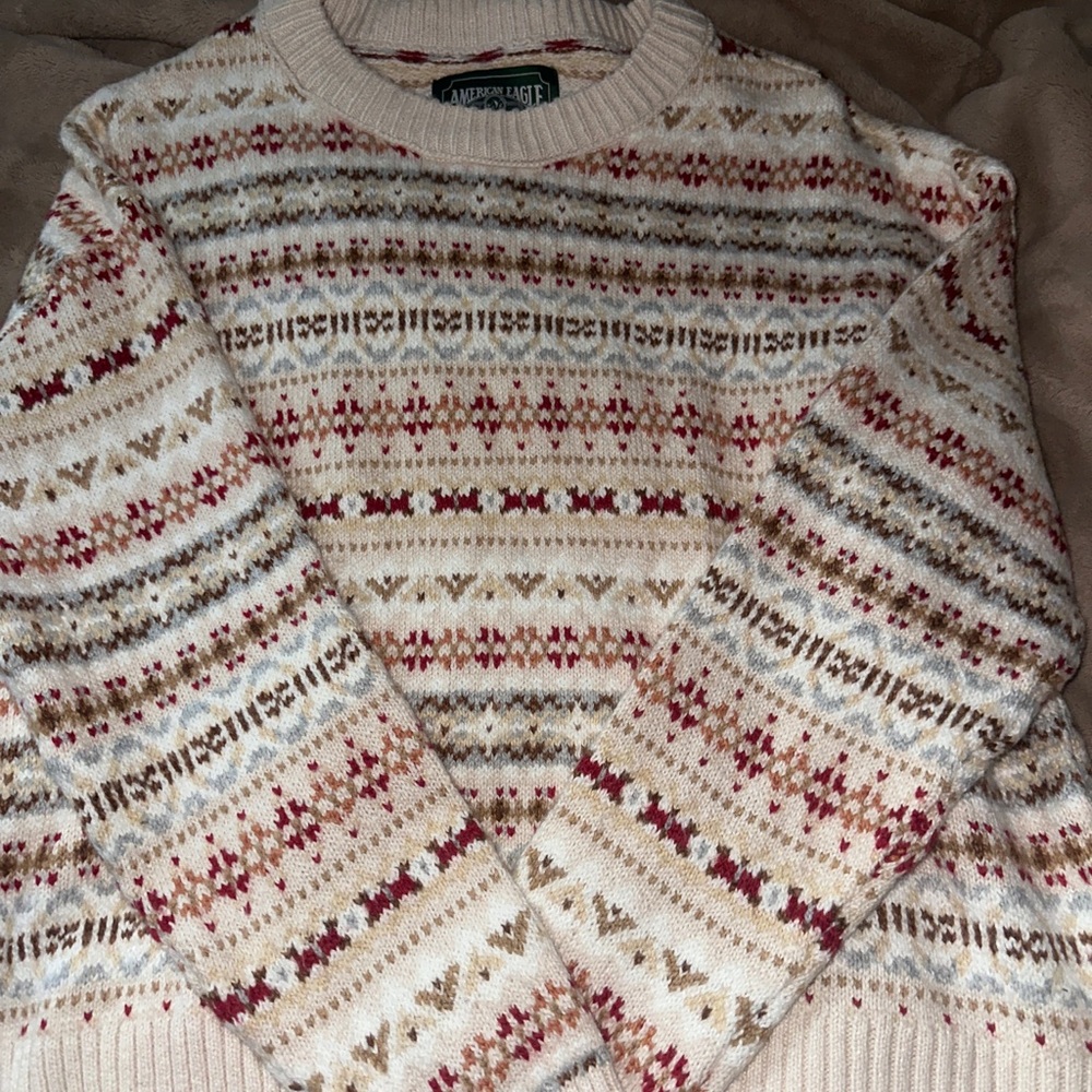 American Eagle Outfitters Men's Striped Sweater - Cream and Red